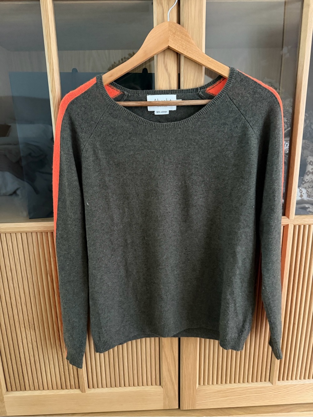 Cashmere Crewneck Sweater with Orange Shoulder Stripes